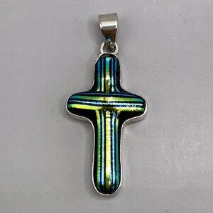 Dichroic Glass Cross Pendant Cased Sterling Silver Bezel Artisan Taxco Mexico
